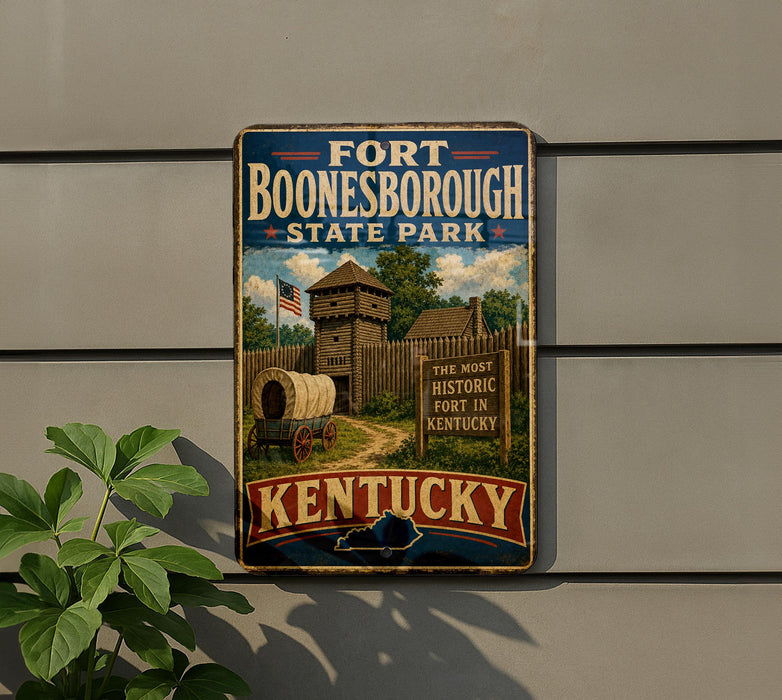 A vintage-style sign for Fort Boone, Kentucky State Park, featuring an illustration of a historical fort and a wagon, mounted on a wall.