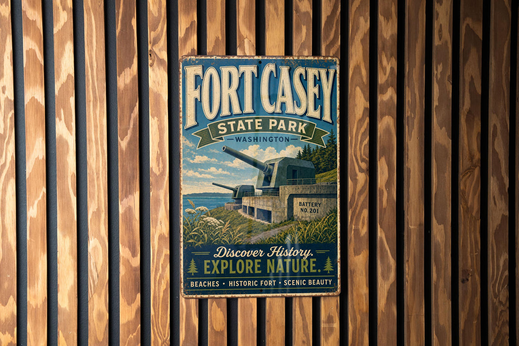 A vintage metal sign for Fort Casey State Park in Washington, featuring a scenic image of a cannon on a hill overlooking the ocean.