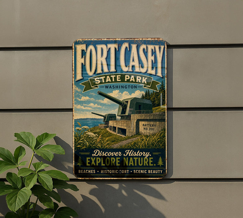 A vintage-style sign for Fort Casey State Park in Washington, featuring a cannon and a scenic landscape.