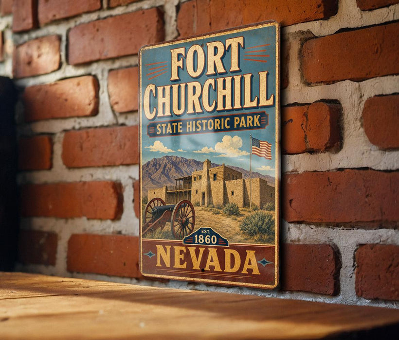 A vintage-style metal sign for Fort Churchill, a historic park in Nevada, featuring an illustration of a historic building and a cannon.