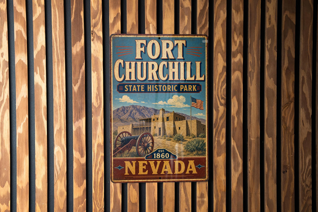 A vintage-style metal sign for Fort Churchill State Historic Park in Nevada, featuring an illustration of a historic building and a cannon.