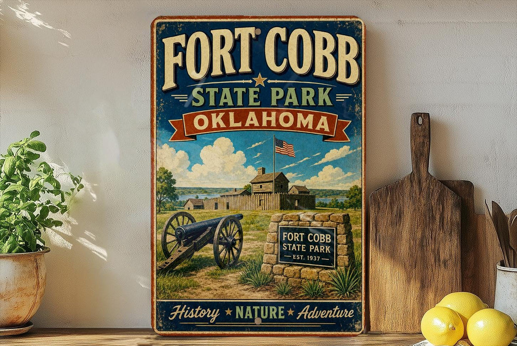 A vintage-style metal sign for Fort Cobb State Park in Oklahoma, featuring a cannon, a building, and a sign that reads "Fort Cobb State Park - Oklahoma".