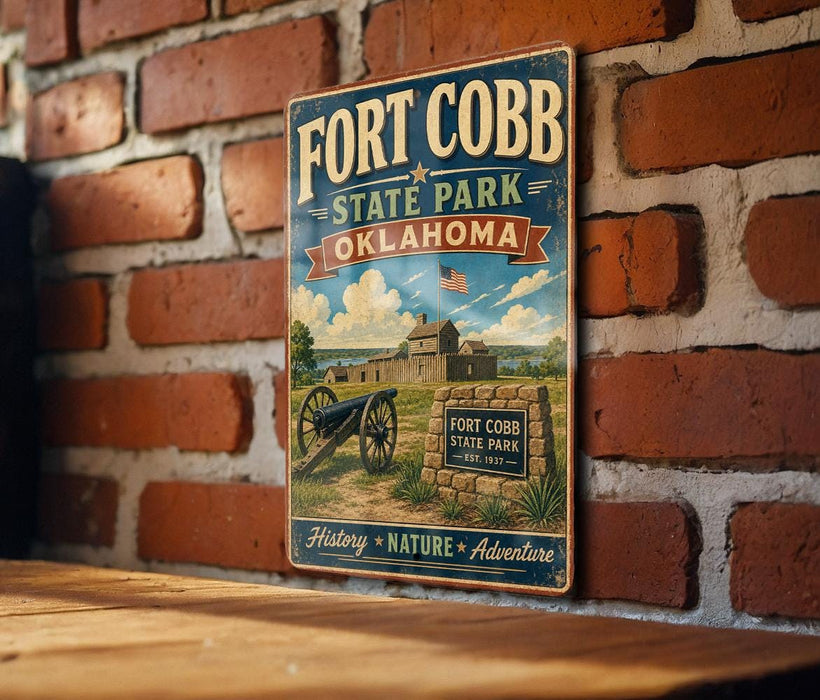 A vintage-style metal sign for Fort Cobb State Park in Oklahoma, featuring a cannon and a sign indicating the park's location.