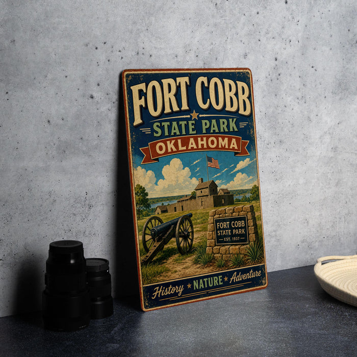 A vintage-style metal sign for Fort Cobb State Park in Oklahoma, featuring an illustration of a cannon and a sign that reads "Fort Cobb State Park - Oklahoma".