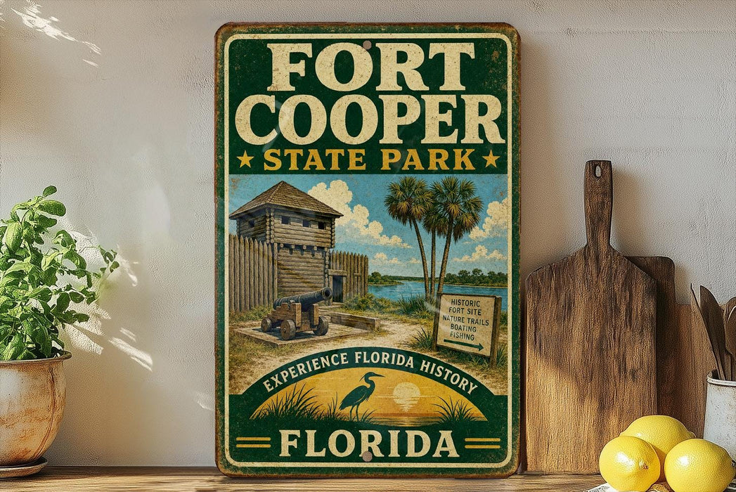 A vintage-style sign for Fort Cooper State Park in Florida, featuring a wooden cabin and palm trees, is displayed on a shelf next to a wooden cutting board and a potted plant.