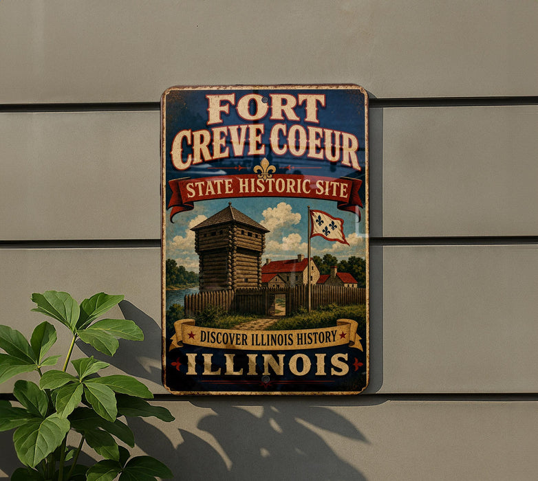 A vintage-style metal sign for the Fort Creve Coeur State Historic Site in Illinois, featuring an illustration of a historic building and a banner that reads "Discover Illinois History".