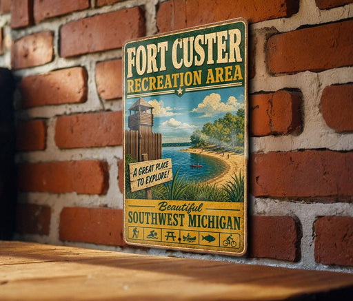 A vintage-style sign for the Fort Custer Recreation Area in South West Michigan, featuring a beach scene and a lighthouse.