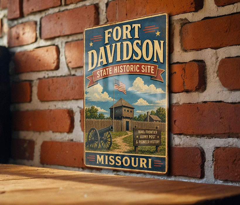 A vintage-style metal sign for the Fort Davidson State Historic Site in Missouri, featuring an illustration of a cannon and a wooden fence, mounted on a brick wall.