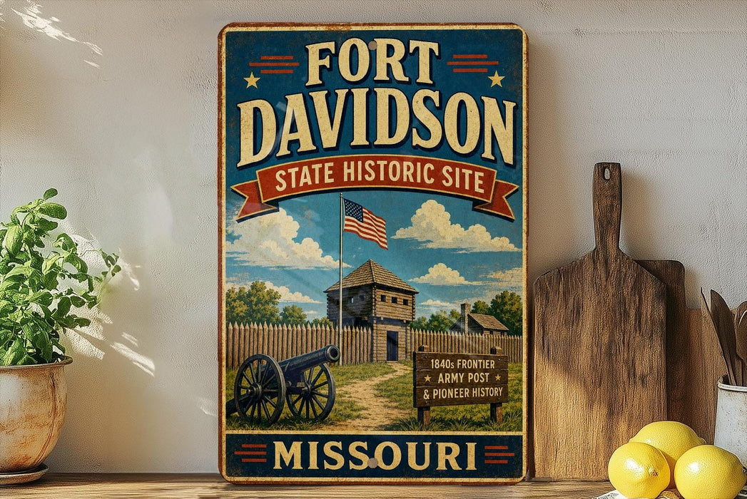 A vintage-style metal sign for the Fort Davidson State Historic Site in Missouri, featuring an illustration of a cannon, a wooden fence, and a sign indicating the site's history.