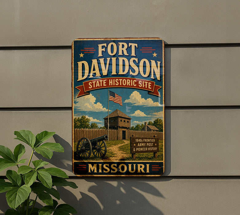 A vintage-style metal sign for the Fort Davidson State Historic Site in Missouri, featuring an illustration of a cannon and a wooden fence.