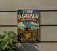 A vintage-style metal sign for the Fort Davidson State Historic Site in Missouri, featuring an illustration of a cannon and a wooden fence.
