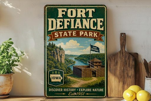 a vintage-style sign for Fort Defiance State Park, with a scenic illustration of the park and its surroundings.