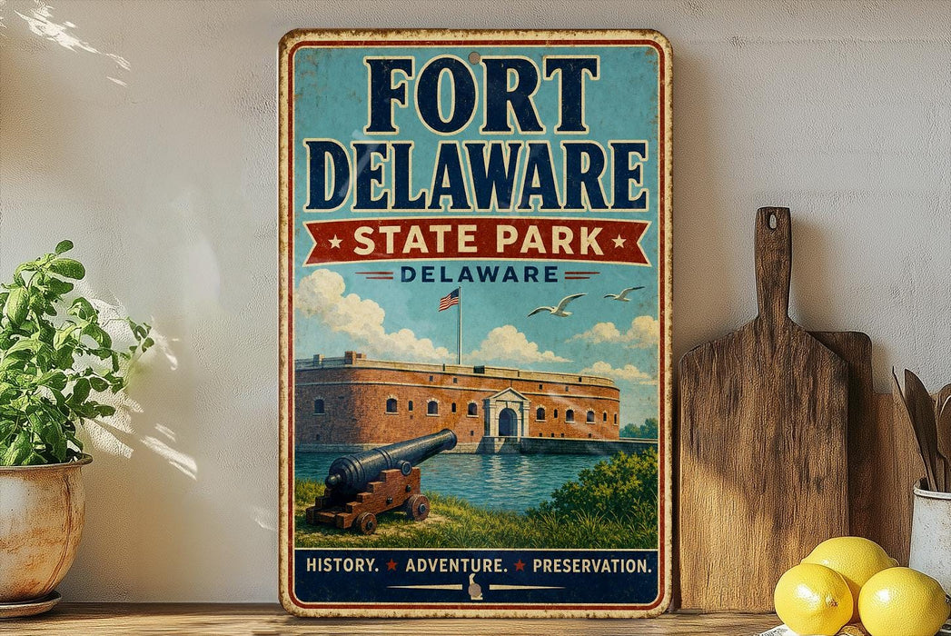 A vintage-style metal sign for Fort Delaware State Park in Delaware, featuring an illustration of the fort and surrounding landscape.