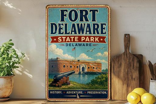 A vintage-style metal sign for Fort Delaware State Park in Delaware, featuring an illustration of the fort and surrounding landscape.