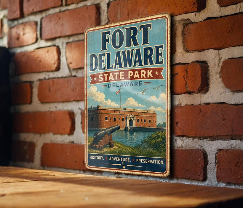 A vintage metal sign for Fort Delaware State Park in Delaware, featuring an illustration of the fort and its surroundings.