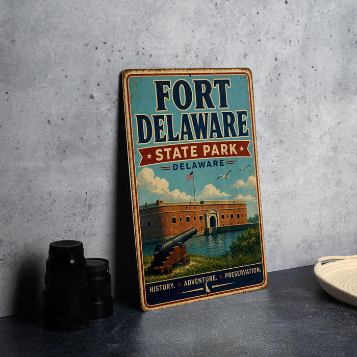 A vintage-style metal sign for Fort Delaware State Park in Delaware, featuring an illustration of the fort and surrounding landscape.