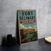 A vintage-style metal sign for Fort Delaware State Park in Delaware, featuring an illustration of the fort and surrounding landscape.