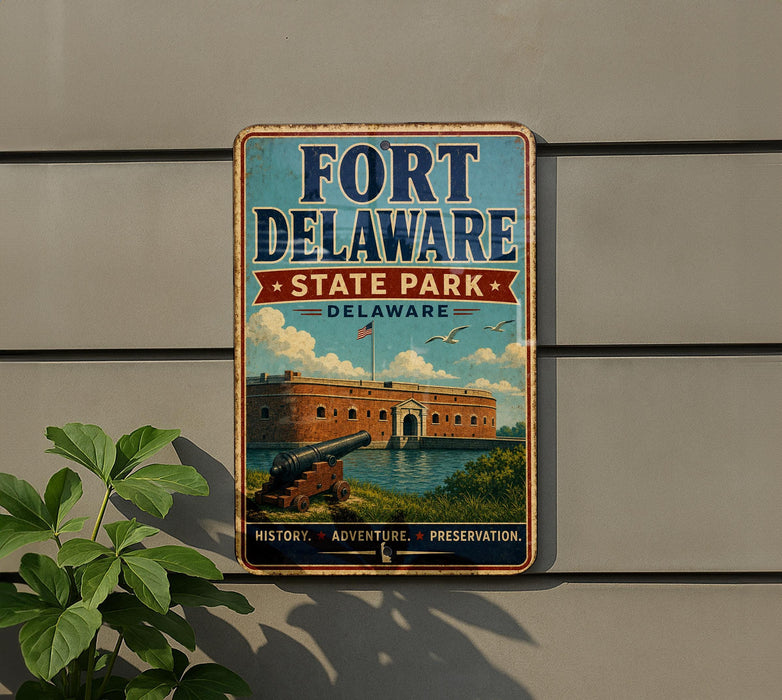 A vintage-style metal sign for Fort Delaware State Park in Delaware, featuring an illustration of the fort and surrounding landscape.