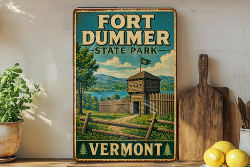 A vintage-style sign for Fort Dumber State Park in Vermont, featuring a wooden fort and a scenic landscape.