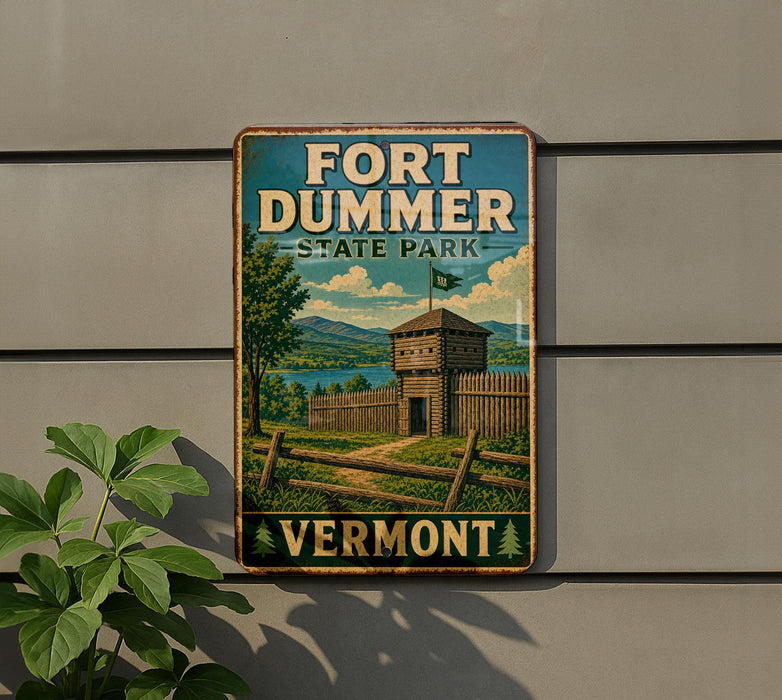 A vintage-style metal sign for Fort Dumber State Park in Vermont, featuring a wooden tower and a scenic landscape.