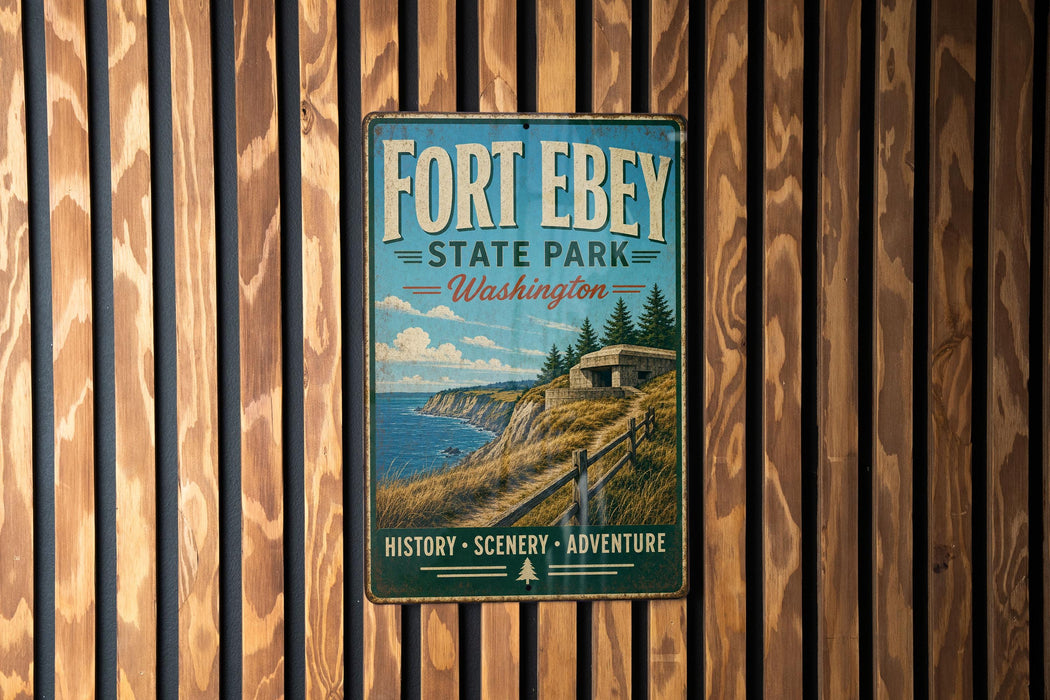 A vintage metal sign for Fort Ebey State Park in Washington, featuring a scenic illustration of the park's landscape.