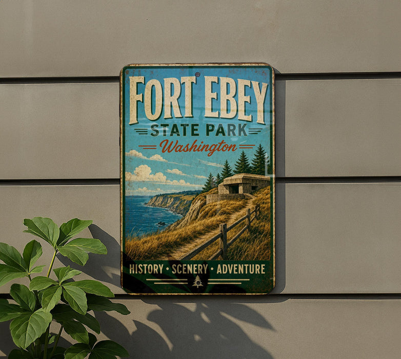 A vintage-style metal sign for Fort Ebey State Park in Washington, featuring a scenic landscape with a path leading to a building.