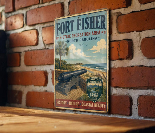 A vintage-style metal sign for Fort Fisher, a state recreation area in North Carolina, featuring a cannon and a beach scene.