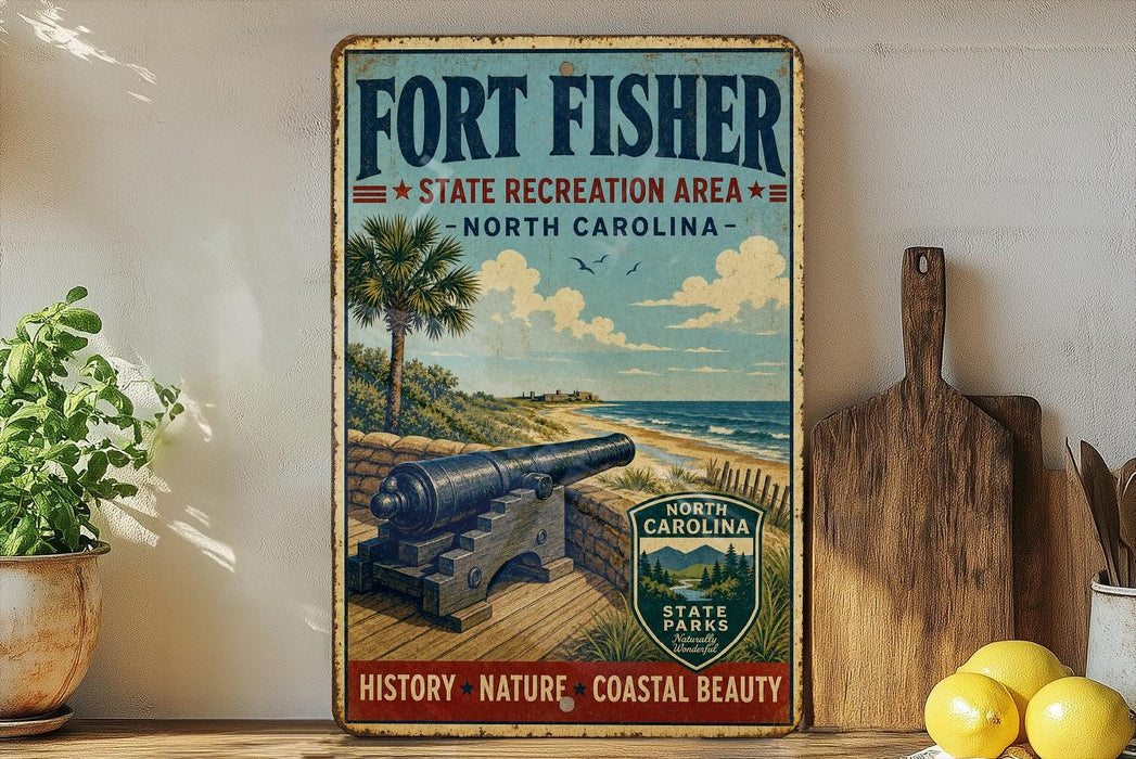 A vintage-style metal sign for Fort Fisher State Recreation Area in North Carolina, featuring a cannon, palm trees, and a beach scene.