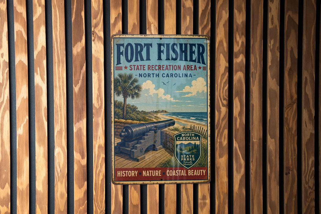 A vintage-style metal sign for Fort Fisher State Recreation Area in North Carolina, featuring a cannon and a beach scene.
