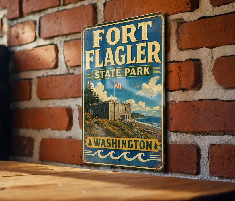 A vintage-style metal sign for Fort Flagler State Park in Washington, featuring an illustration of the park's landscape and a flag.