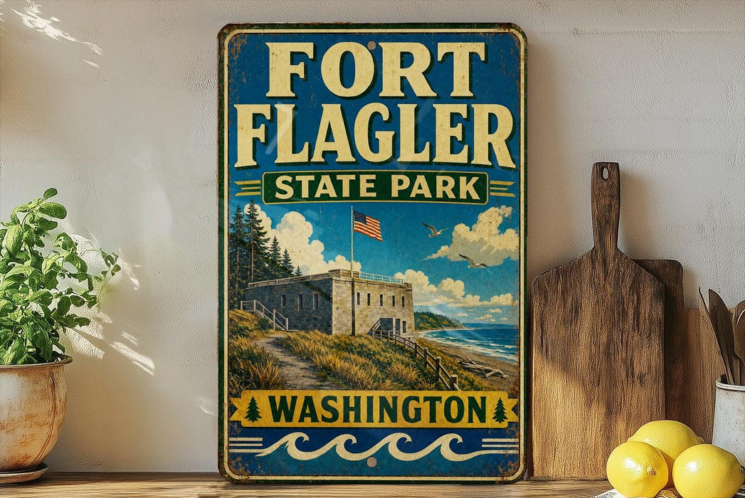 A vintage-style sign for Fort Flagler State Park in Washington, featuring an illustration of the park's landscape and a flag flying atop a building.