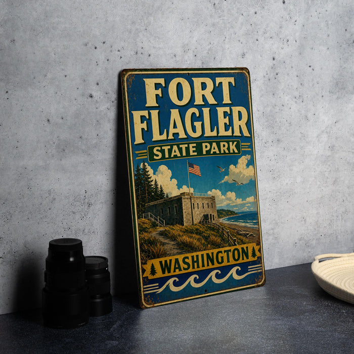 A vintage-style metal sign for Fort Flagler State Park in Washington, featuring an illustration of the fort and surrounding landscape.