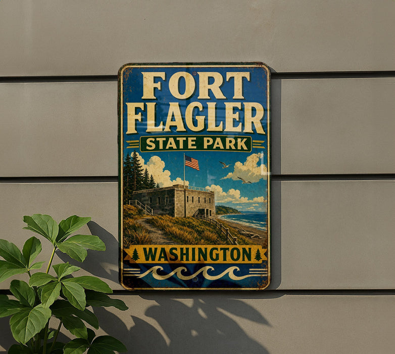 A vintage-style sign for Fort Flagler State Park in Washington, featuring a castle, trees, and a body of water.