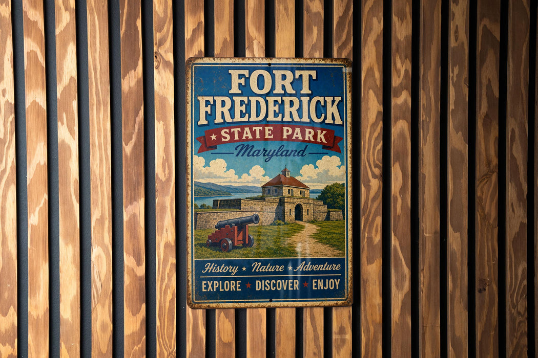 A vintage metal sign for Fort Frederick State Park in Maryland, featuring an illustration of a castle and a cannon, mounted on a wooden wall.