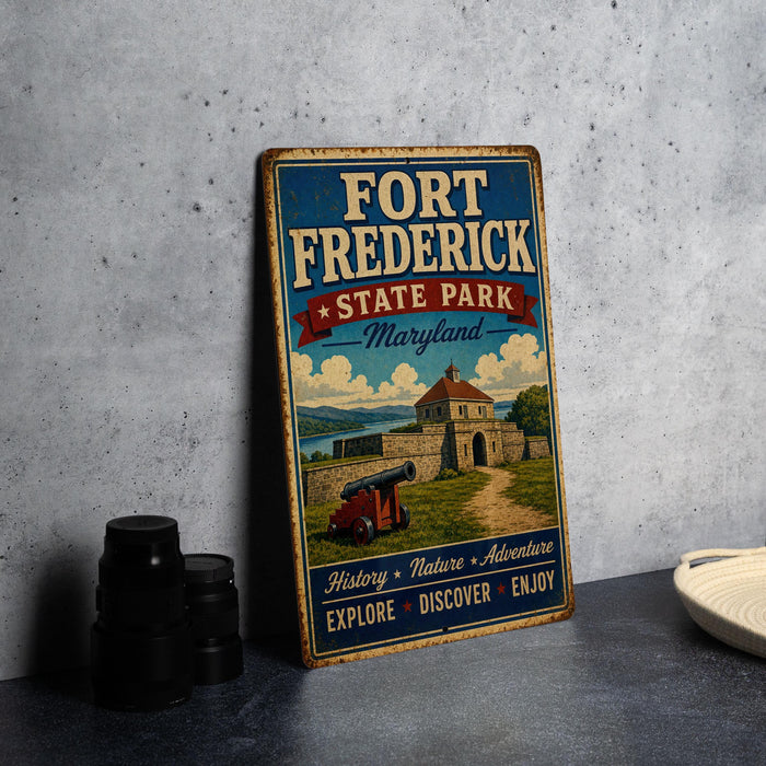 A vintage-style metal sign for Fort Frederick State Park, Maryland, featuring an illustration of a castle and a cannon, along with the text "History, Nature, Adventure, Explore, Discover, Enjoy".