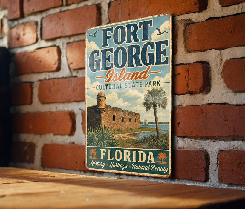 A vintage-style sign for Fort George Island, Florida, featuring a castle and palm trees, mounted on a brick wall.