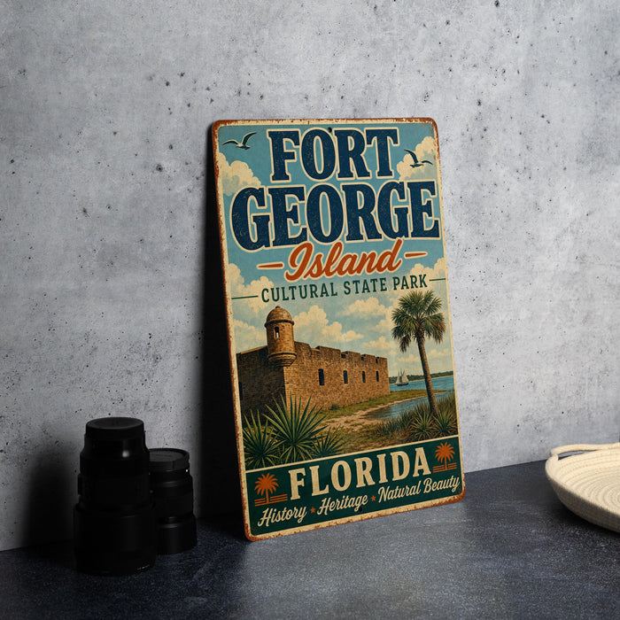 A vintage-style sign for Fort George Island, Florida, featuring a castle and palm trees, is displayed on a gray countertop next to a stack of black camera lenses.