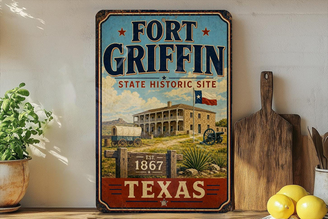 a vintage-style sign for the Fort Griffin State Historic Site in Texas, with a picture of a historic building and a wagon train.