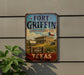 A vintage-style metal sign for the Fort Griffin State Historic Site in Texas, featuring a large illustration of a historic building and a Texas flag.