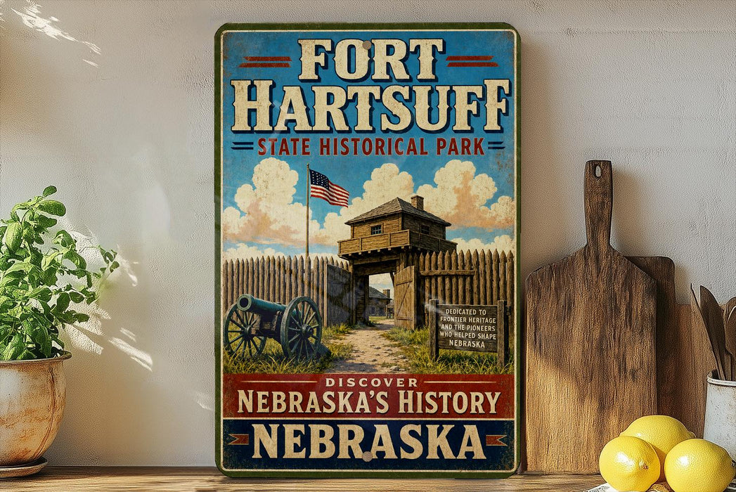 a vintage-style sign for Fort Hartsuff State Historical Park, with a wooden fence and a cannon in the background, along with a potted plant and a wooden cutting board.