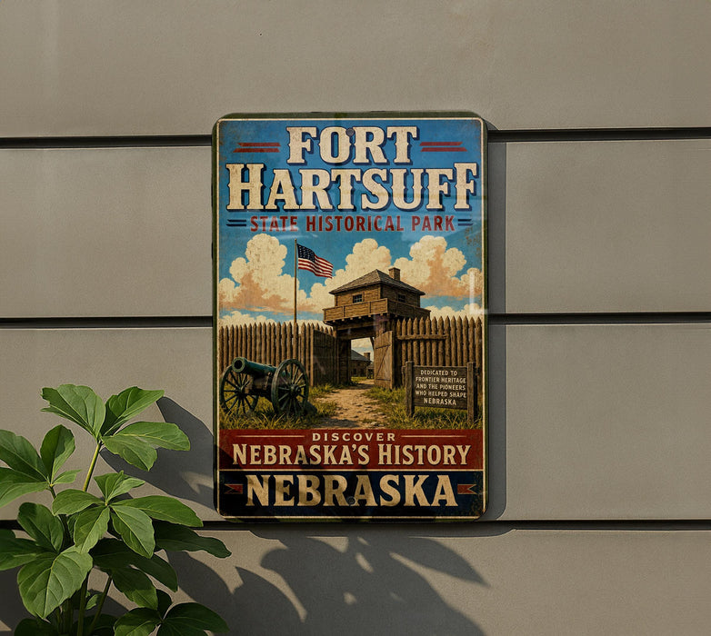 A vintage-style metal sign for Fort Hartsuff State Historical Park in Nebraska, featuring an illustration of a historical fort and a cannon.
