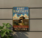 A vintage-style metal sign for Fort Hartsuff State Historical Park in Nebraska, featuring an illustration of a historical fort and a cannon.