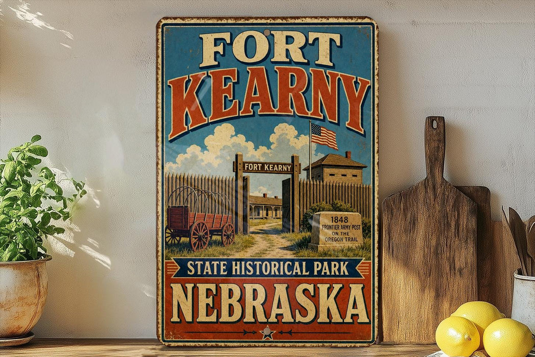 A vintage-style sign for Fort Kearny, a State Historical Park in Nebraska, featuring an illustration of a wooden wagon and a sign that reads "1848 ON THE PORT".