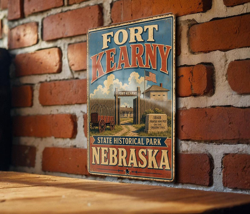 A vintage-style metal sign for Fort Kearny, a State Historical Park in Nebraska, mounted on a brick wall.