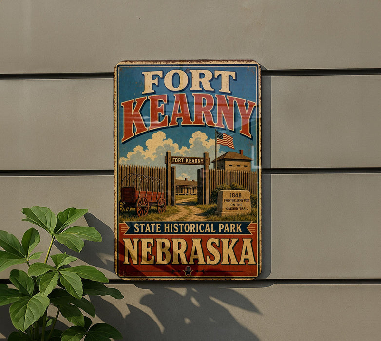 A vintage-style metal sign for Fort Kearny, Nebraska, featuring an illustration of the fort and surrounding landscape.