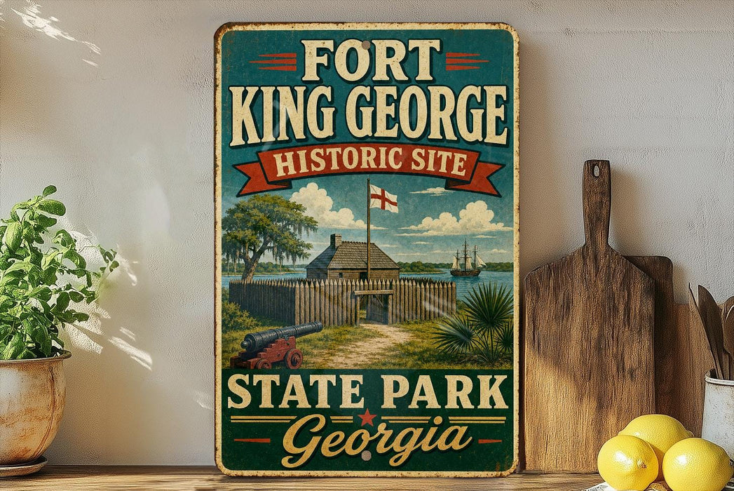 A vintage-style sign for Fort King George Historic Site in Georgia, featuring a painting of a historic fort surrounded by palm trees and other natural scenery.