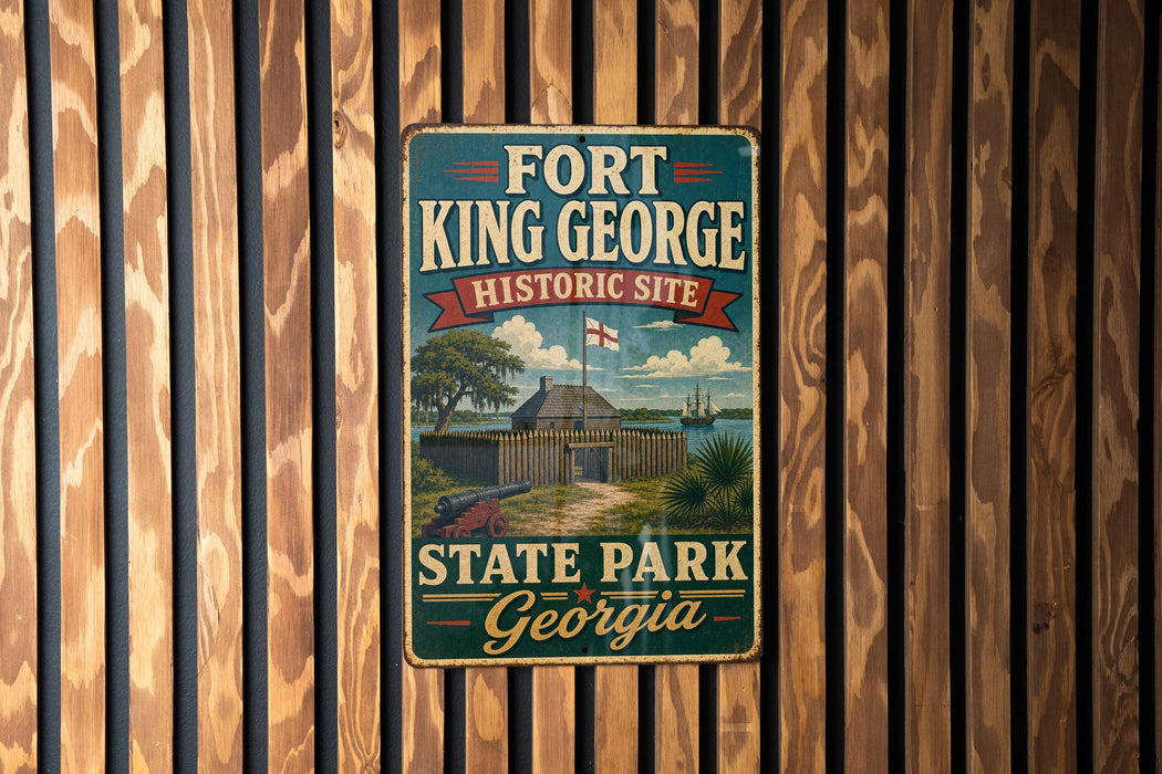 A vintage metal sign for Fort King George Historic Site in Georgia, featuring a scenic illustration of the historic site with a wooden fence and a ship in the background.