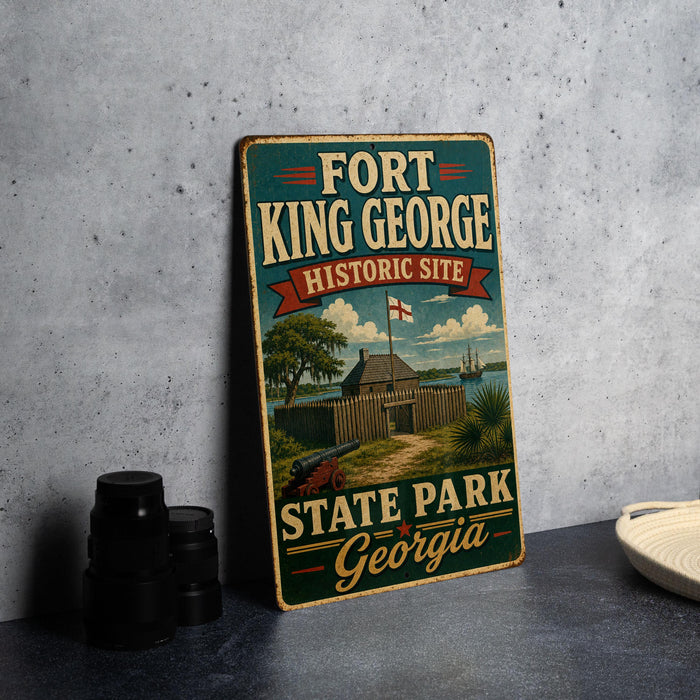 A vintage-style sign for Fort King George Historic Site in Georgia, featuring an illustration of the historic site with palm trees and a ship in the background.
