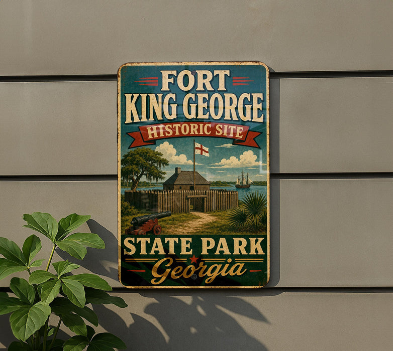A vintage-style sign for Fort King George Historic Site in Georgia, featuring a painting of a historic building and landscape.