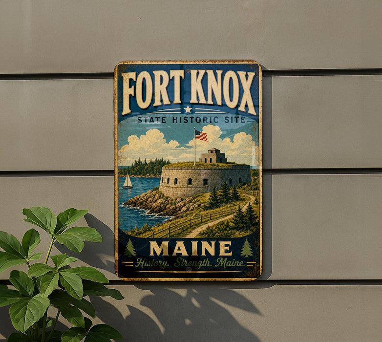 A vintage-style metal sign for Fort Knox State Historic Site in Maine, featuring a castle, moat, and surrounding landscape.